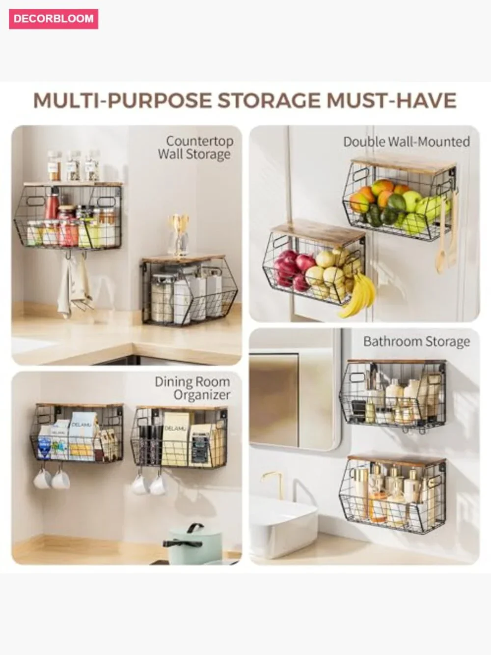Stackable Metal Fruit Basket with Wood Lid 2 Pack, Hanging Wall Organizer for